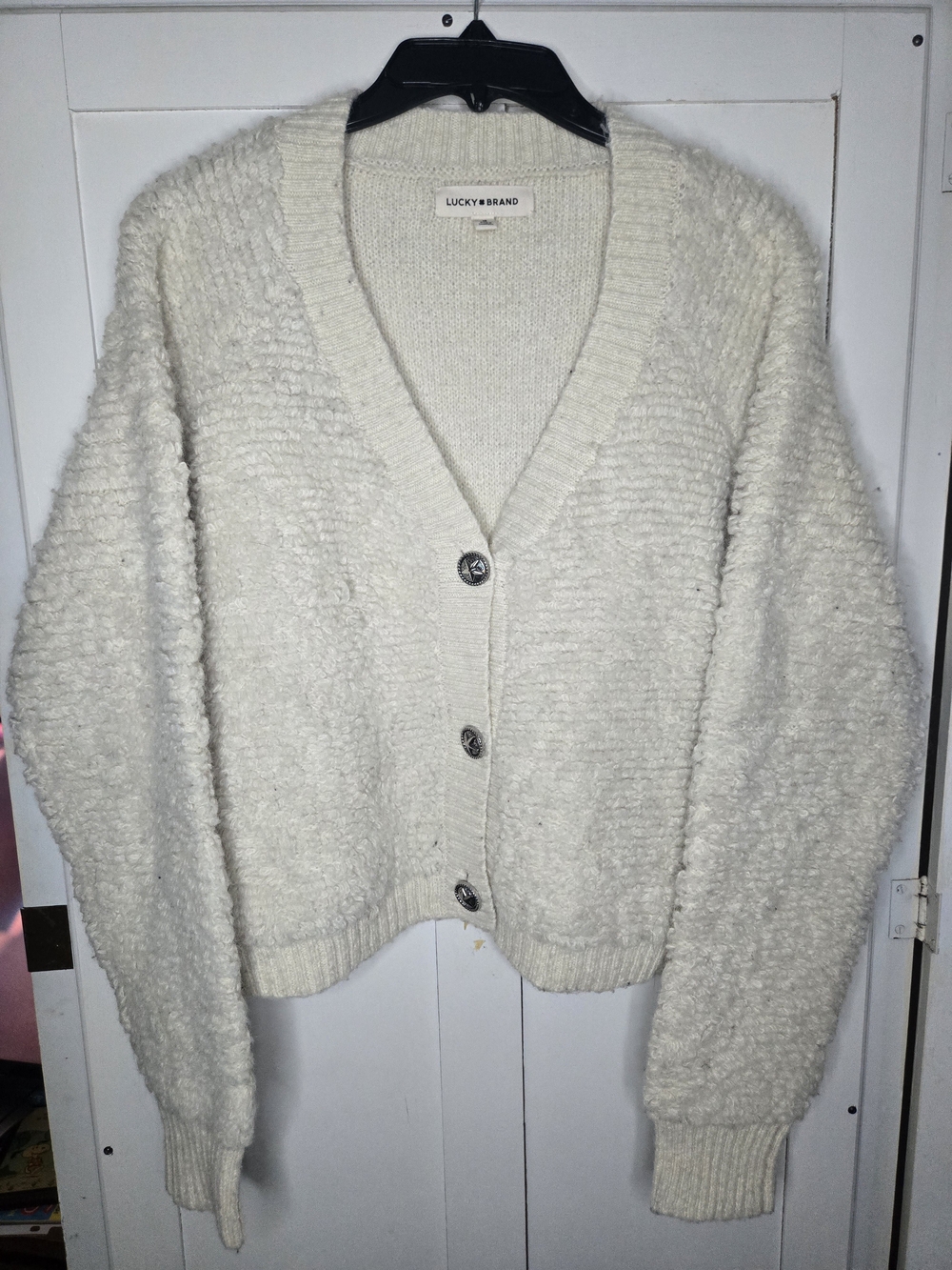 Lucky Brand Cream Textured Boucle Button Up Cardigan Sweater Ornate Metal Button